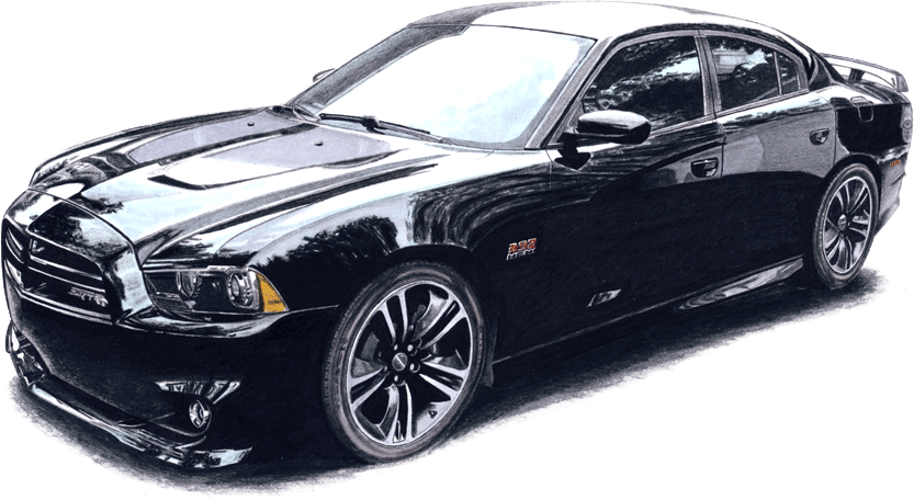 Black muscle sedan with polished alloy wheels