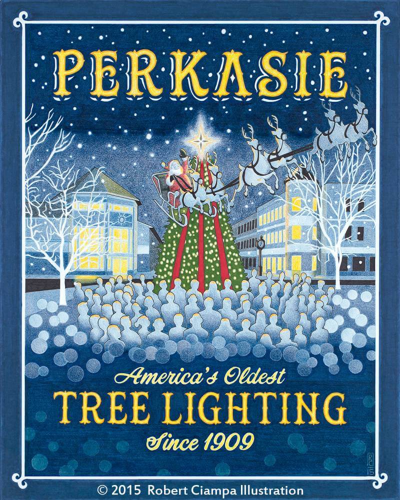 Perkasie tree lighting poster with Santa sleigh