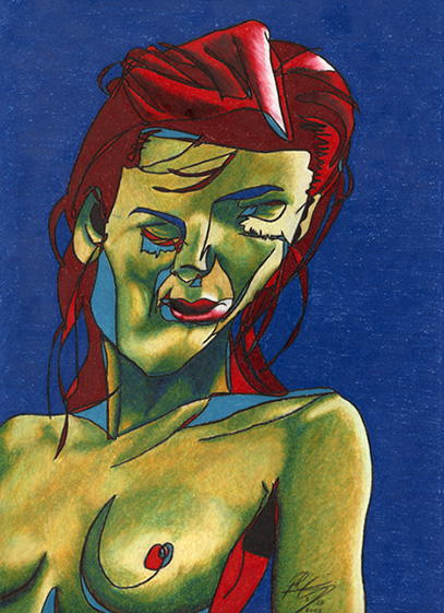 Surreal green-skinned redheaded horned woman portrait