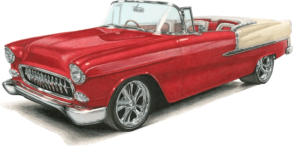 Classic red convertible car with shiny chrome wheels.