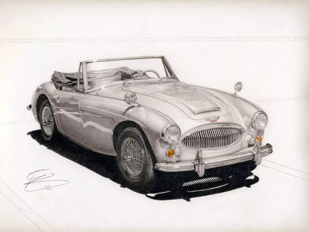 Detailed pencil sketch of a classic convertible car with fine shading.