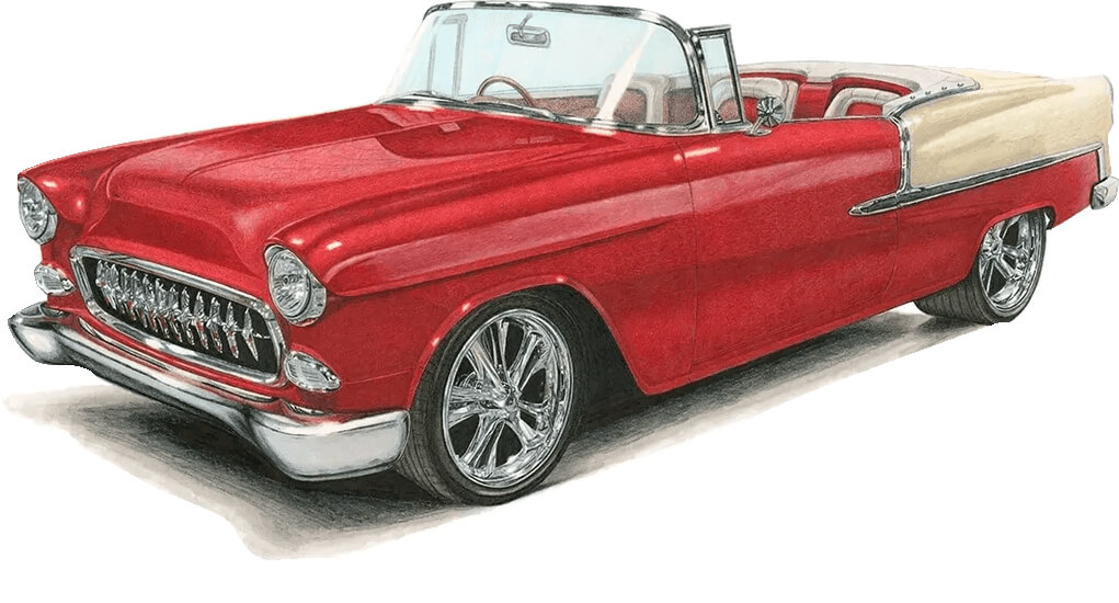 Red vintage convertible car with shiny chrome details and modern rims.