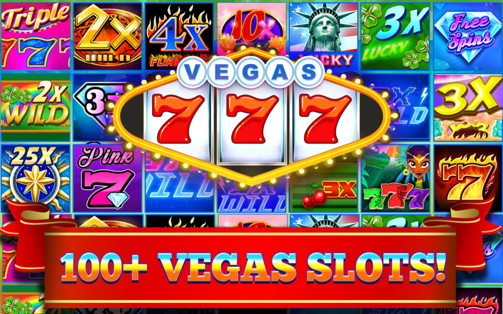 Vegas slots game advertisement with colorful icons.