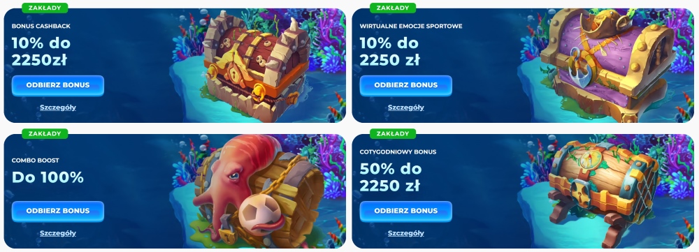 Four promotional banners with treasure chests.