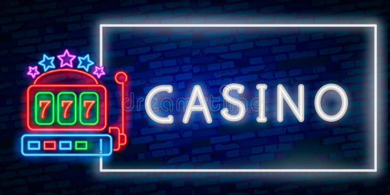 Neon casino sign with slot machine graphic.