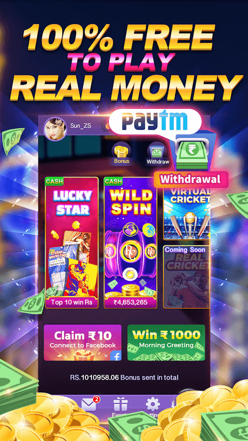 Casino-themed mobile game advertisement with Paytm integration.