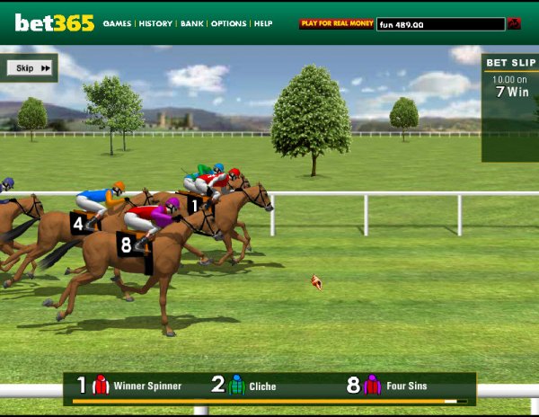 Horse race simulation with numbered jockeys.