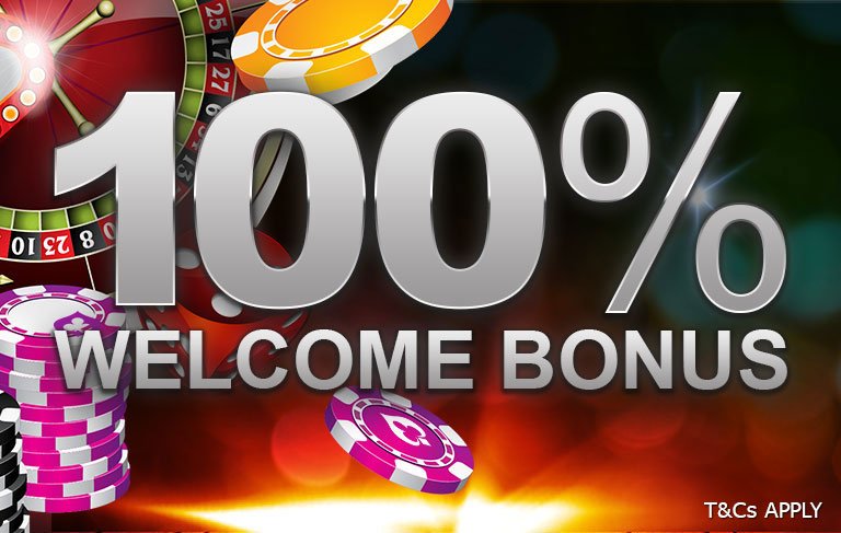 100% welcome bonus, casino chips, roulette wheel.