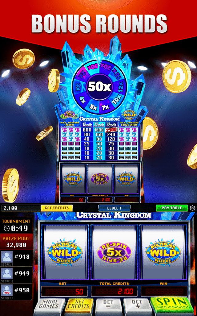 Slot machine with bonus rounds and coins.