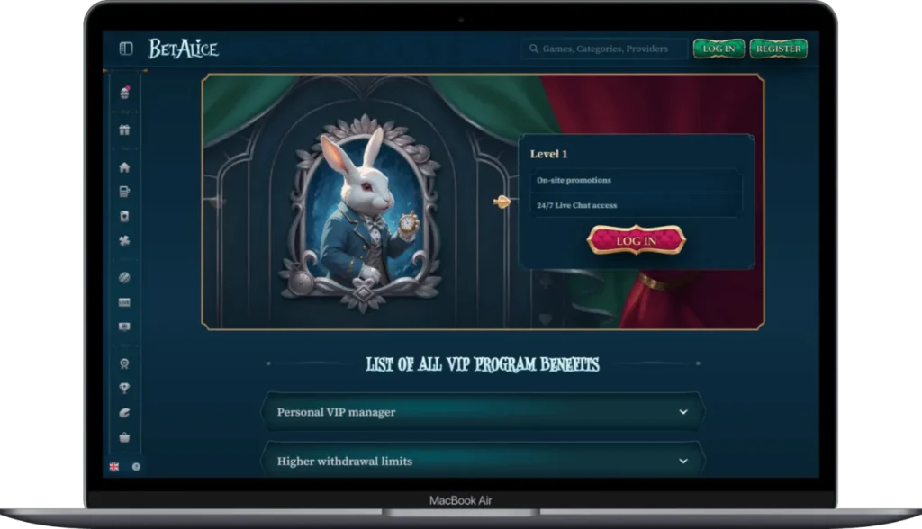 Laptop displaying whimsical rabbit-themed casino interface
