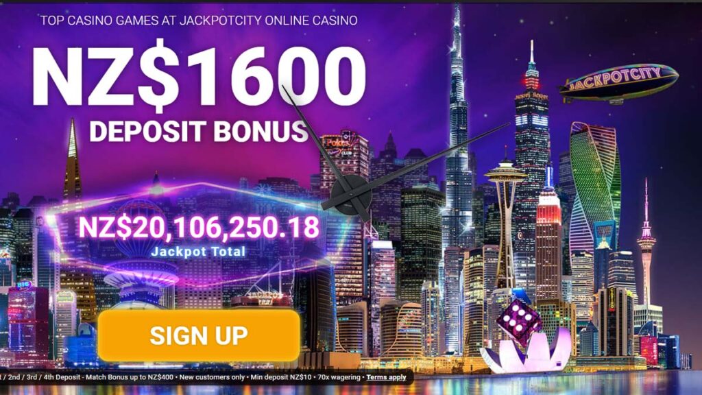 Online casino promotion with city skyline.