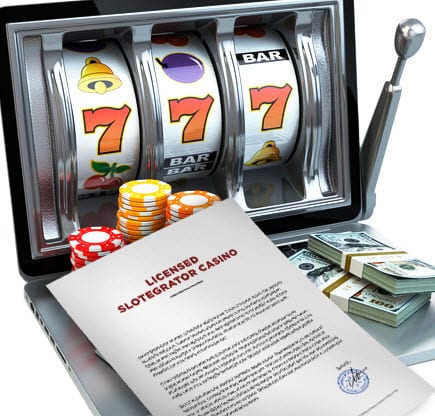 Slot machine with money, chips, and document.