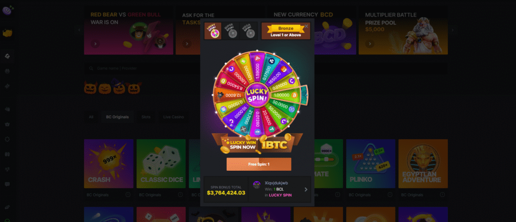 Colorful online wheel game interface.