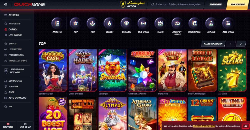 Online casino homepage with slot game thumbnails