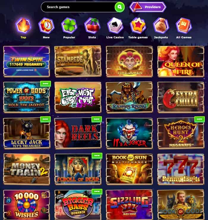 Grid of colorful online slot game thumbnails