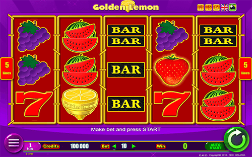 Slot machine with fruit and bar symbols.
