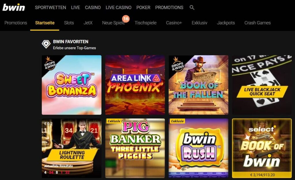 Online casino game selection screen.