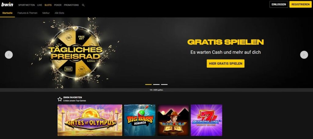 Casino games and daily prize wheel promotion.
