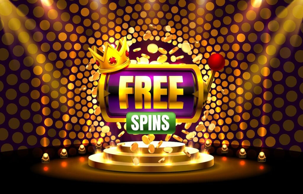 Free spins slot machine with golden lights.