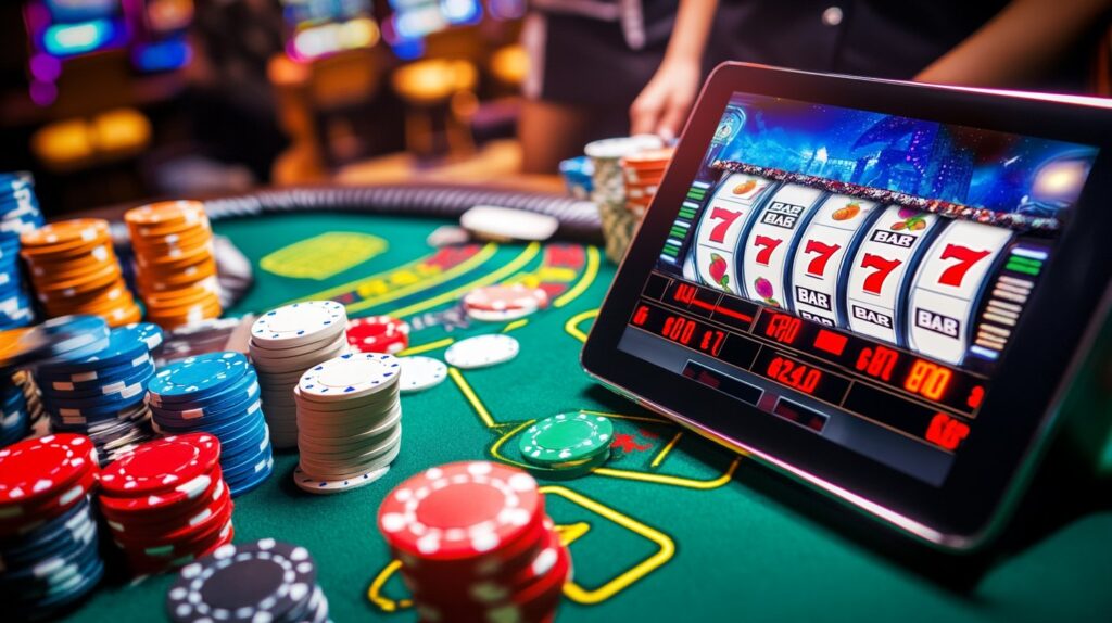 Casino table with slot machine display.