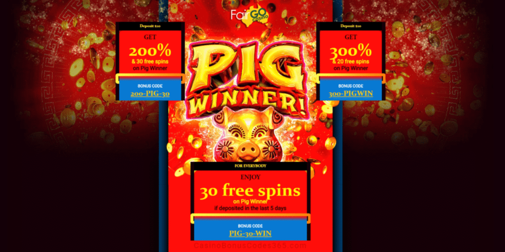 Casino promotion with pig-themed graphics.