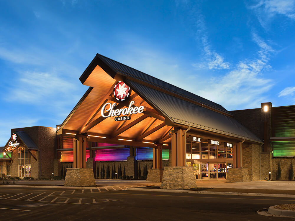 Cherokee Casino entrance at dusk.