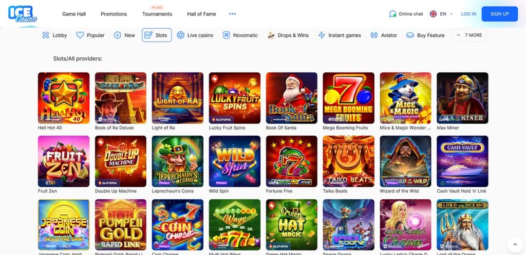 Online casino game selection display.