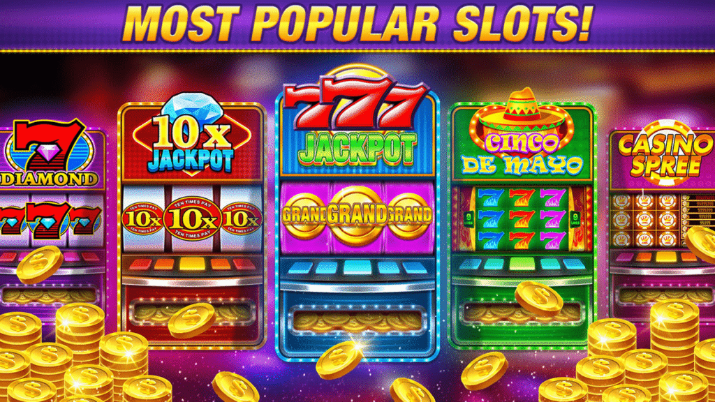 Slot machines with gold coins and jackpots.