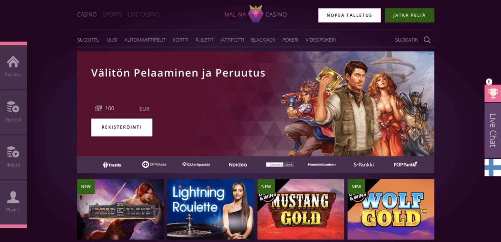 Finnish online casino homepage showing slot banners