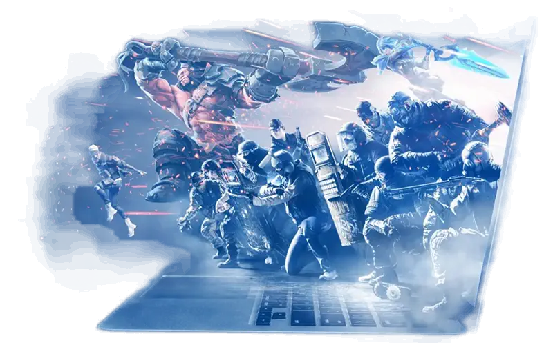Video game characters emerging from laptop screen