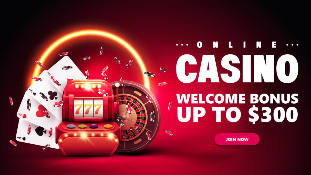 Online casino promotion with slot machine graphics.