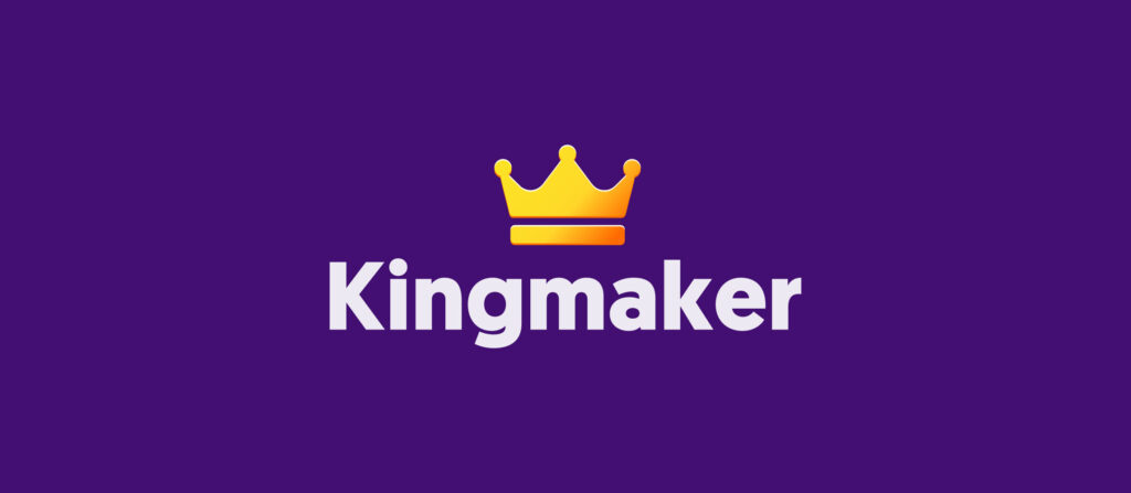 Kingmaker logo with crown on purple background.