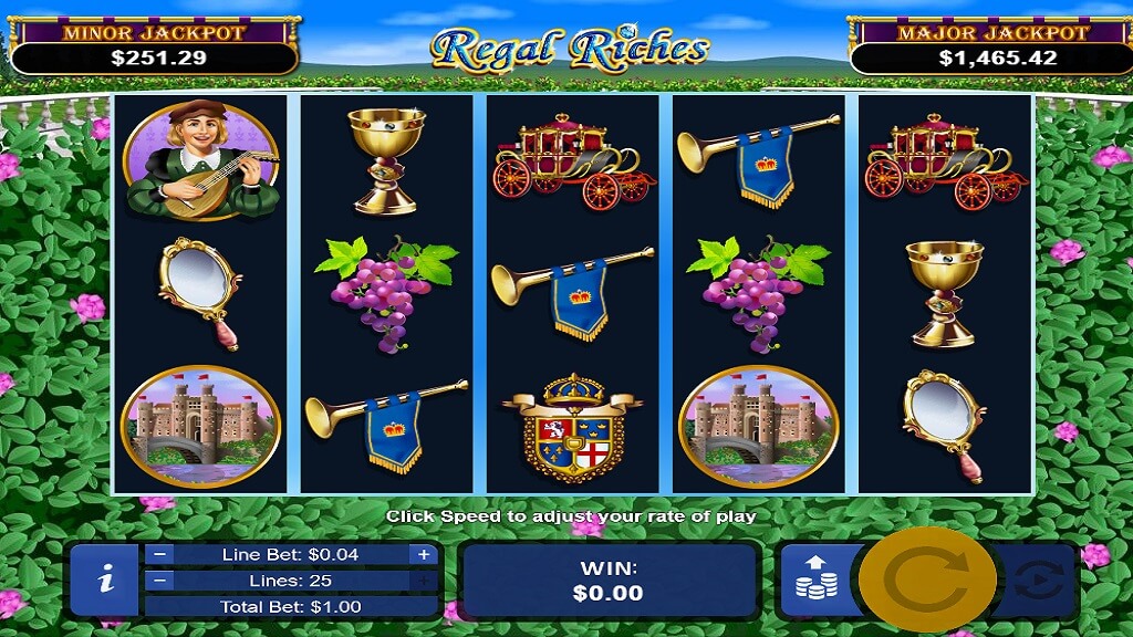 Slot machine game with regal theme symbols.