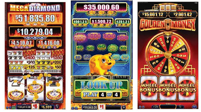 Slot machines with colorful digital displays.