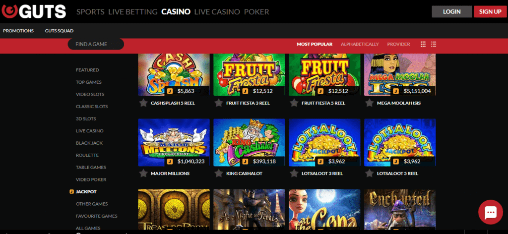 Guts casino site showing colorful slot thumbnails