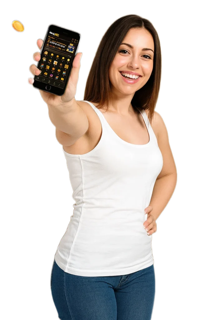 Smiling woman showing smartphone with gaming app