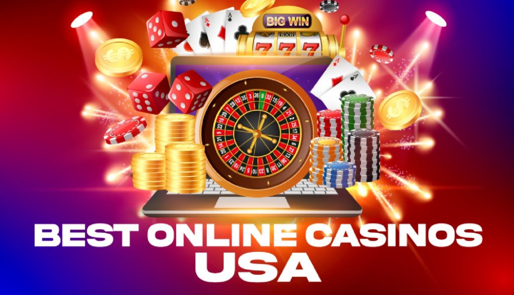 Online casino elements with roulette and dice.