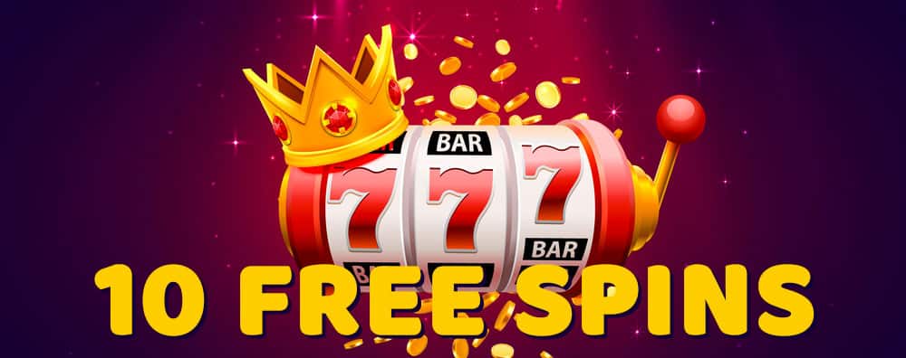 Slot machine with crown, 10 free spins.
