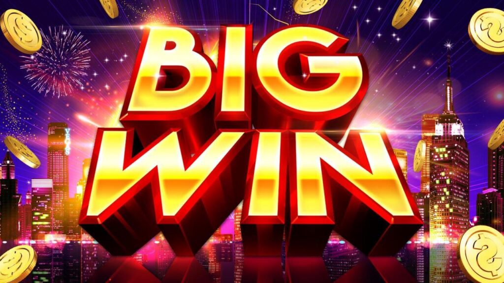Big win text with cityscape and fireworks.