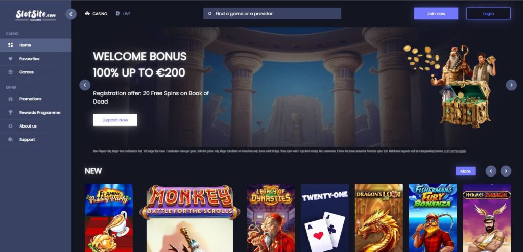 Online casino homepage with game selections.