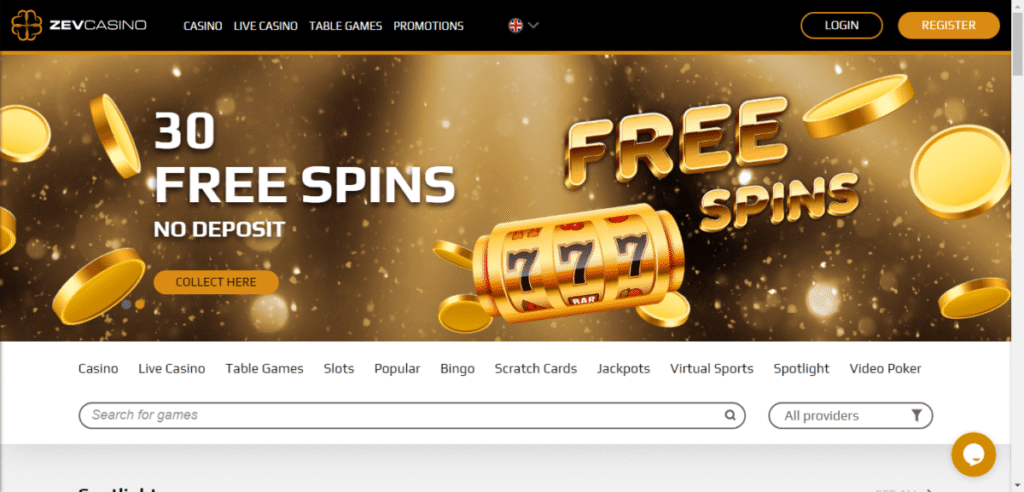 Casino promotion offering 30 free spins.
