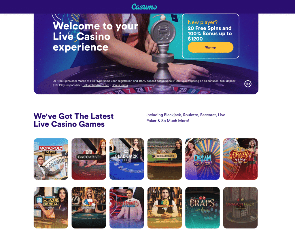 Live casino games promotion with bonus offer.