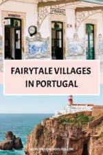 Signpost for FairyTale Villages in Portugal near a coastal cliff.