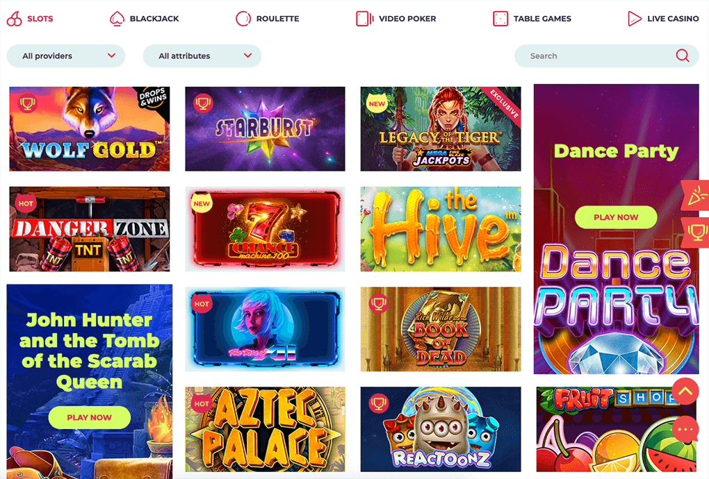 Online casino games selection screen.