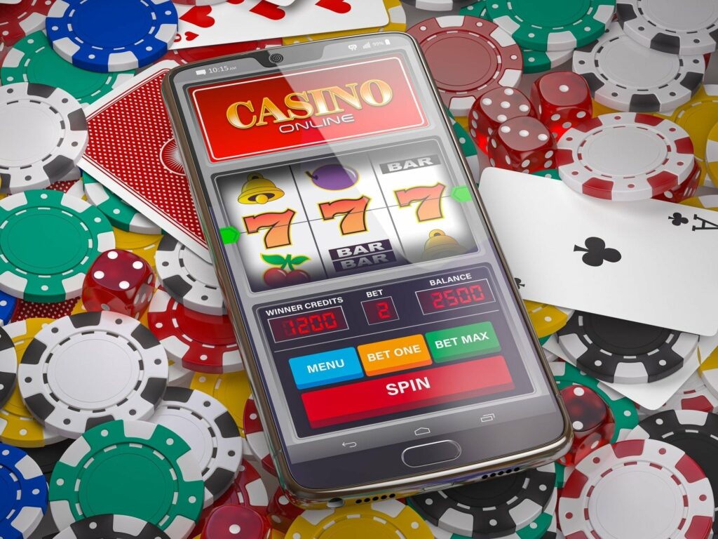 Smartphone displaying online casino slot machine.